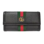 【GUCCI 古馳】719886 經典OPHIDIA系列金色LOGO皮革拼接綠紅綠織帶信封式翻蓋長夾(黑色)