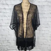 Tahari fringe popcorn ruana top one size black sequin detail kimono boho A20
