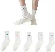 [AKAMAS] 5 Pairs Women's White Crew Socks, Funny Rainbow Clouds Lightning Duck Pattern Calf Socks, Cute Weather Embroidery Casual Socks, Women Breathable Cotton Socks Sports Socks Tennis Socks