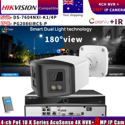 Hikvision Compatible Color 8MP 4K 180°View IP camera+DS-7604NXI-K1/4P System Lot