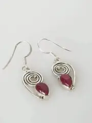Teardrop/Leaf Shaped RUBY Solid 925 Silver Wire Twirl Earrings, Red Ruby Silver