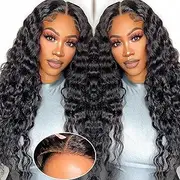 Glueless Wigs Human Hair Pre Plucked Pre Cut Wear And Go Deep Wave 13 x 4 Lace Front Wigs Human Hair Curly Human Hair Wig 180% Density Ready To Wear Glueless Wigs Human Hair Natural Black Colour 55.9