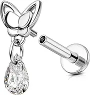 [OUFER] 16G Butterfly Helix Piercing Internal Thread Cartilage Ear Piercing Stainless Steel 316L Tragus Earring Clear Tear Shaped Shape CZ Lip Stud for Women 6 mm