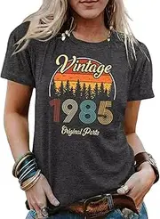 [AIMITAG] 40th Birthday Gift Shirts Vintage 1984 Original Parts Tshirt for Women Letter Print Retro Birthday Casual Tee Tops