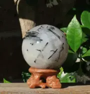 Black Tourmaline in Quartz Crystal Sphere With Wooden Display Stand 369 Grams