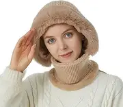 [Generic] Women Knit Warm Hat Balaclava Neck Scarf with Pompom One-Piece Winter Beanie Hat Fleece Lined Knitted Windproof Cap