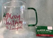 New Sleigh Bell Bistro Clear Double Wall Glass Mug Red Merry Christmas Everyone