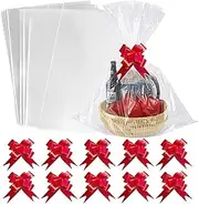 KWyue 10 Packs 22" x 28" Cellophane Bags with 10 Red Ribbon Bows for Basket Extra-large Jumbo Clear Cellophane Wraps Clear Huge Cello Bags for Baskets, Gifts, Christmas Trees, Treats, Arts and Crafts