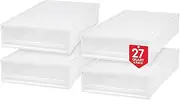 IRIS USA 27.5 Qt Plastic Under Bed Storage Containers with Sliding Organizer Drawers, 4 Pack, Stackable Storage Bins for Clothes, Linens and Shoes, White