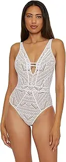 [BECCA] Color Play - Women's One Piece Swimsuit, Plunge Neck, Crochet, Bathing Suits for Women, Agave, Large