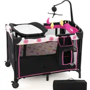 Costway 4-in-1 Portable Travel Cot Adjustable Portacot Bedside Bassinet Playpen Cradle w/Mattress & Toy Rack Pink
