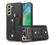 Hidden Card Slot Case for Samsung Galaxy S21 FE, with Leather Loop Strap - Black