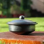 Swadeshi Blessings Unglazed Earthen Dahi Handi/Curd Pot/Clay Pot with Lid also for Serving (With Natural White Firing Shade) & FREE ASH For Cleaning (Black)