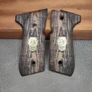 NEW Walnut Wood Grips Set Beretta 92FS 96 98 M9 Checkered Hand Pistol Metal Logo
