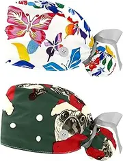 [YTYVAGT] 2-Pc,Nurse Scrub Caps,Scrub Hats with Buttons and Cotton Sweatband,Butterflies Flower Colored Pattern