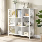 HOMFURN 9 Cube Storage Bookshelf, Industrial 4 Shelf Book Shelf, White