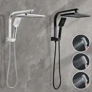 WELS 12" Rectangle Shower Head Set Handheld Gooseneck Arm Black Chrome Set