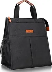 Lacdo Lunch Bag for Women Men Insulated Lunch Tote Bags Waterproof Reusable Lunch Box Soft Cooler with Pockets for Work School Travel Picnic, Black