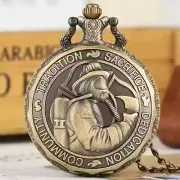 1pc Vintage Bronze Firefighter Engraved Pocket Watch, Round Analog Display