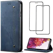 [Czhwsm] Compatible for Case Oppo A57 5G 2022 Wallet Leather Flip Case Card Holder Bracket Phone Cover+2X Tempered Glass Screen Protector-Blue