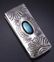 Silver & Turquoise Navajo Handstamped Money Clip by Shirley Skeets 5B14R