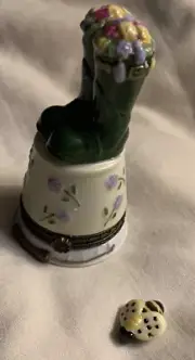 Porcelain Mini Trinket Box GARDENING BUCKET BOOTS FLOWERS with MINI BEE