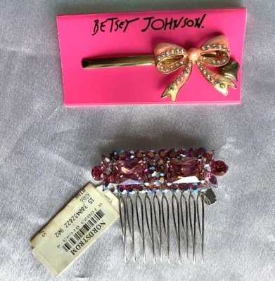 *BETSEY*JOHNSON*PINK*ENAMEL*BOW*HAIR*BOBBY*PIN*&*TASHA*PINK*CRYSTAL*SILVER*COMB*
