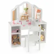 Costway 2-in-1 Vanity Table Set Princess Dressing Table Chair w/Tri-fold Mirror & Storage Shelves