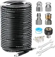 Sewer Jetter Kit 200 FT for Pressure Washer, 5800 PSI Drain Cleaner Hose 1/4 Inch NPT Corner Rotating and Button Nose Sewer Jetting Nozzle Spanner Watertight Tape Pearl Corsage Pin