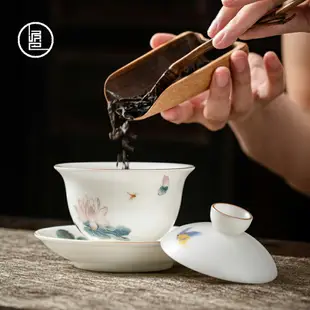 泥巴人 德化白瓷手工陶瓷蓋碗套裝大號泡茶三才碗茶杯功夫茶碗