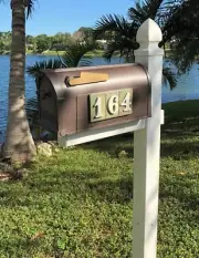 Mailbox with 3 number tile address on each side. weatherproof poly. Applewood.