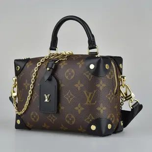 LV M45571 Petite Malle Souple字母LOGO Monogram帆布拉鍊手提斜背行李小方包(黑x咖啡)