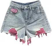 [Jegsnoe] Women's Vintage Contrast Color Tassel Ripped Jeans Shorts High Waist Streetwear Sexy Denim Short
