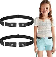 [Generic] 2 Pcs Kids Elastic Belts No Buckle Stretch Belt for Boys and Girls, Invisible Adjustable Elastic Buckle Free Belt for Jeans Pants, Black, One Size