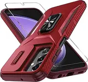 for Samsung Galaxy A25 5G Case with Slide Camera Cover+Screen Protector+Magnetic Rotatable Kickstand,Tough Hybrid Heavy Duty Shockproof Protective Phone Cover,Red