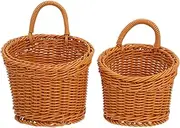 HOLIDYOYO 2pcs Small Hanging Storage Baskets Plastic Pantry Wicker Woven Baskets Wall Mount Basket with Hook Decorative for Organizing Easter Egg Brown