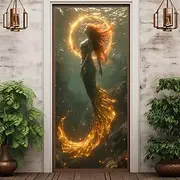 Mermaid Halo Door Covers Mural Decor Door Tapestry Door Curtain Decoration Backdrop Door Banner Removable for Front Door Indoor Outdoor Home Room Decoration Fa