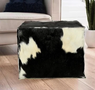 Boho Genuine Leather Black Hairon Moroccan Pouf Unstuffed Ottoman 14x18x18