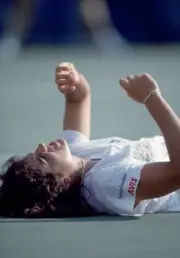 Gabriela Sabatini of Argentina celebrates after defeating Steffi G- Old Photo 6