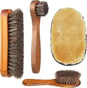 [WABUYAO] Shoe Brush Set - Horsehair for Shine Polish Buff 3 Pcs Dauber Applicator Brushes + 1 Pc Shoes Cloth Glove Brown