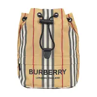 在飛比找Yahoo奇摩購物中心優惠-BURBERRY黑字字母LOGO條紋設計尼龍束口收納水桶包(