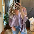 L New Boho Purple Lace Feminine Peasant Vtg 70s Top Blouse Womens Size LARGE