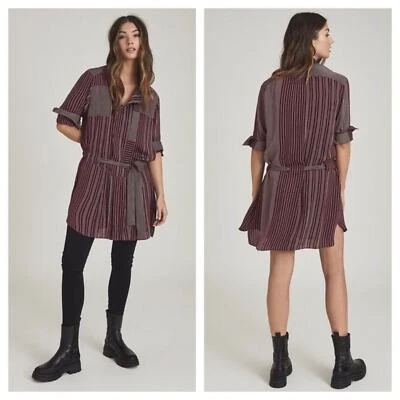 NWT Reiss Albi Burgundy Striped Satin Waist Tie Shirt Dress Size 0