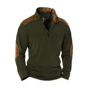 Fall Spring Men Sweatshirt Color Matching Patchwork Zipper Stand Collar Retro Pullover Long Sleeve Soft Breathable Mid Length Men Daily Top army gr...