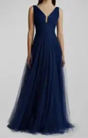 Zac Posen Women's Blue Sleeveless Pleated Tulle A-Line Gown Dress Sz 8
