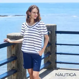 【NAUTICA】女裝 V領撞色條紋荷葉袖短袖T恤(白)