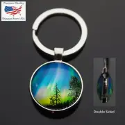 Aurora Forest Blue Green Sky Trees 2-Sided Glass Cabochon Keychain Key Ring Gift