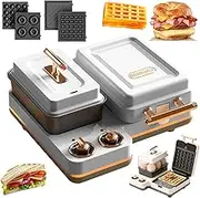 6 in 1 Breakfast Sandwich Maker, 1200W Electric Egg Boiler with Sandwich & Waffle Plate, 1.2l Boiling Pan, Double Knob Control, Non-Stick Multifunctional Waffle Makers & Irons, Egg B