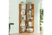 6 Tier Industrial Corner Bookshelf - 64.9 Tall, Anti-Drop Panel, Freestanding Wood Grain Display Rack