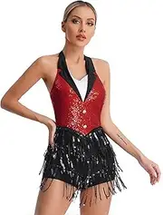 [Riismen] Women's Jazz Latin Dance Costume Sequins Fringe Tango Rumba Salsa Leotard Ballroom Dancewear